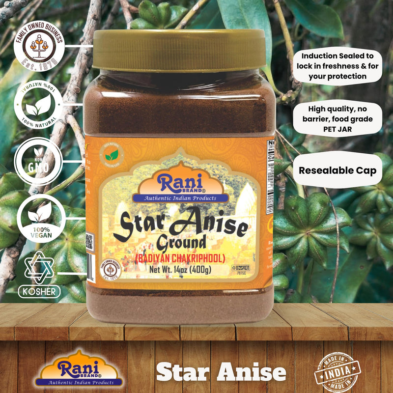 Rani Star Anise Powder (Badian Khatai) Ground Spice 14oz (400g) PET Jar ~ All Natural | Gluten Friendly | NON-GMO | Kosher | Vegan | Indian Origin