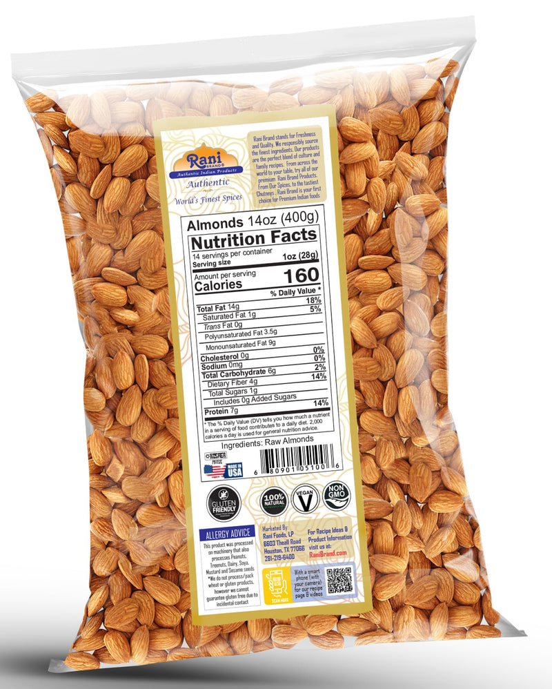 Rani Almonds, Raw Whole With Skin 14oz (400g) ~ All Natural | Vegan | Kosher | Gluten Friendly | Fresh Product of USA ~ California Shelled Almonds