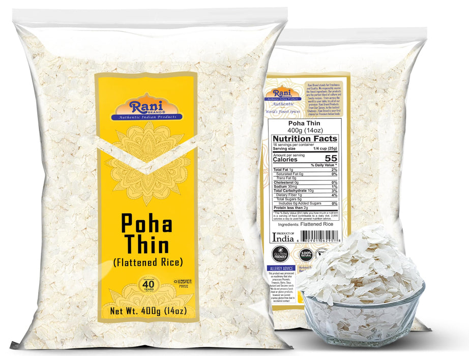 Rani Poha (Powa) Thin Cut (Flattened Rice) 14oz (400g) ~ All Natural, Salt-Free | Vegan | Kosher | No Colors | Gluten Friendly | Indian Origin