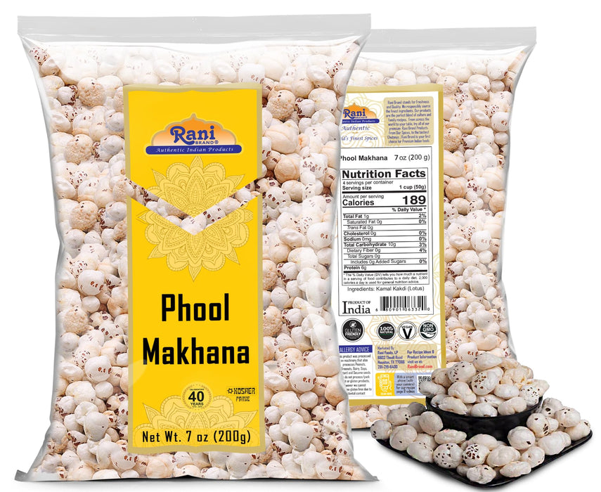 Rani Jumbo Phool Makhana (Fox Nut/Popped Lotus Seed) Plain Raw Uncooked 7oz (200g) ~ All Natural | Vegan | No Colors | Gluten Friendly | NON-GMO | Kosher | Indian Origin