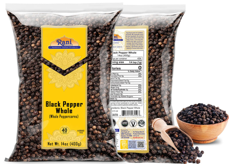 Rani Black Pepper Whole (Peppercorns), Premium Bold Tellicherry Quality 14oz (400g) ~ All Natural | Gluten Friendly | Non-GMO | Kosher | Product of Vietnam | Perfect size for Grinders!