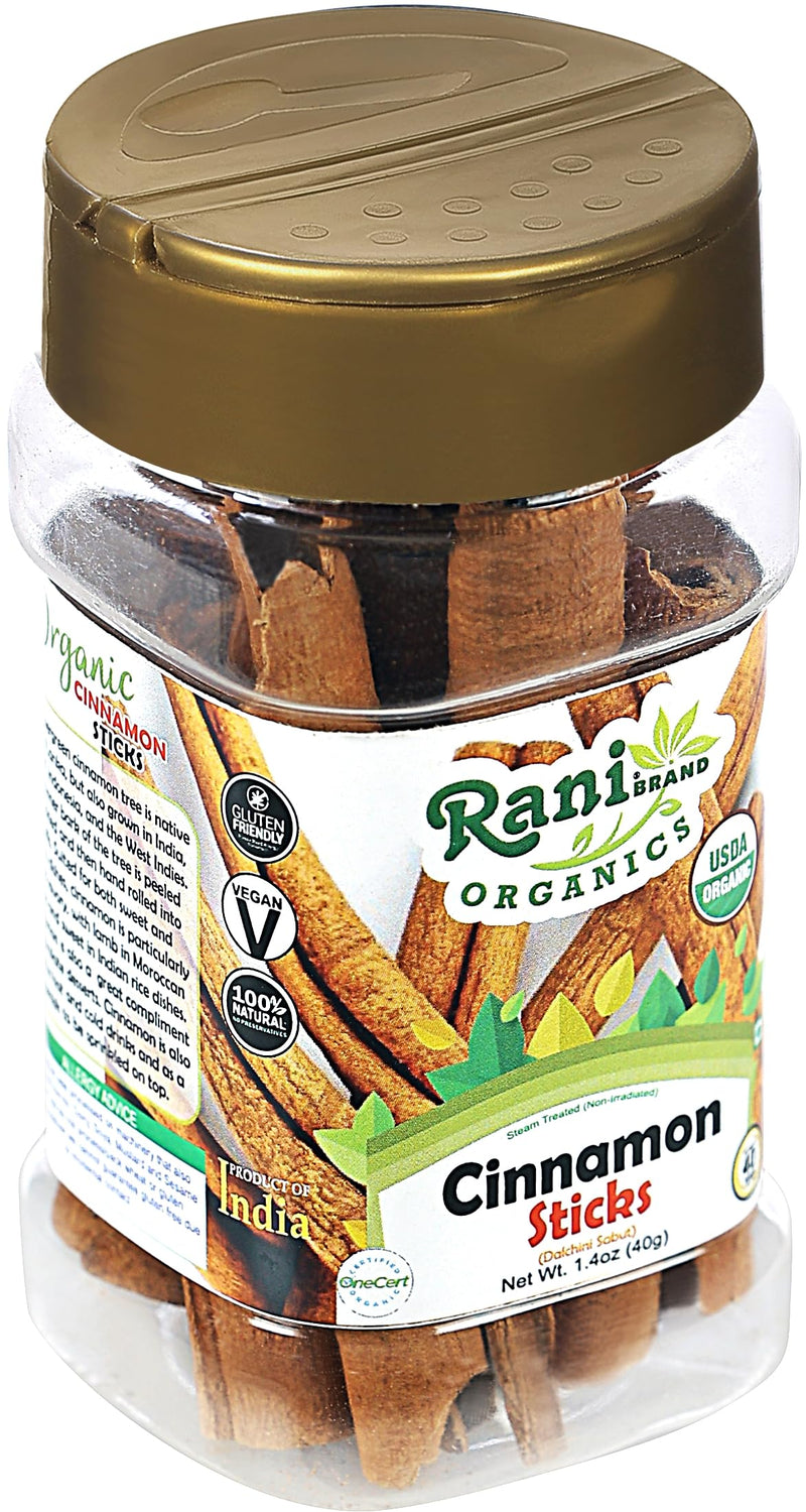 Rani Organic Cinnamon Sticks 1.4oz (40g) PET Jar - 7-9 Sticks - Strong Aroma, Perfect for Baking, Cooking & Beverages | 3+ Inches Length - Cassia Saigon Cinnamon from Vietnam | Kosher