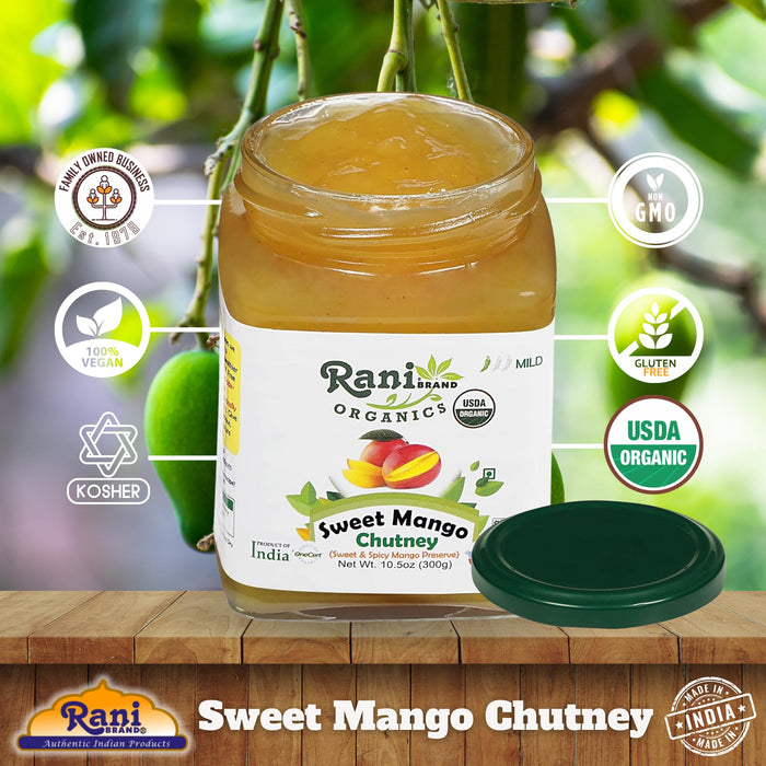 Rani Organic Sweet Mango Chutney (Indian Preserve) 10.5oz (300g) Glass Jar, Ready to eat ~ All Natural | Vegan | Gluten Free | No Colors | NON-GMO | Kosher | Indian Origin | USDA Certified Organic