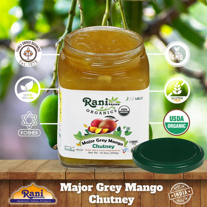 Rani Organic Major Grey Mango Chutney (Indian Preserve) 10.5oz (300g) Glass Jar, Ready to eat ~ All Natural | Vegan | Gluten Free | No Colors | NON-GMO | Kosher | Indian Origin | USDA Certified Organic