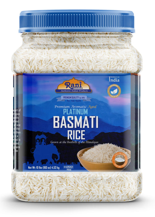 Rani Platinum White Basmati Rice Extra Long Aged 160oz (10lbs) 4.53kg PET Jar ~ All Natural | Gluten Friendly | Vegan | Indian Origin | Kosher | Export Quality