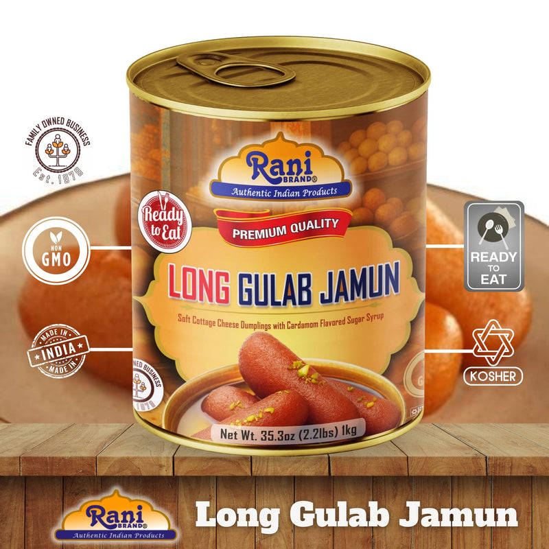 Rani Gulab Jamun Long (w/ Cardamom Flavored Sugar Syrup) 35.3oz (2.2lbs) 1kg, Pack of 6, Approximately 14 pieces, Easy Open Lid ~ Ready to eat | Vegan | Non-GMO | Kosher | Indian Origin
