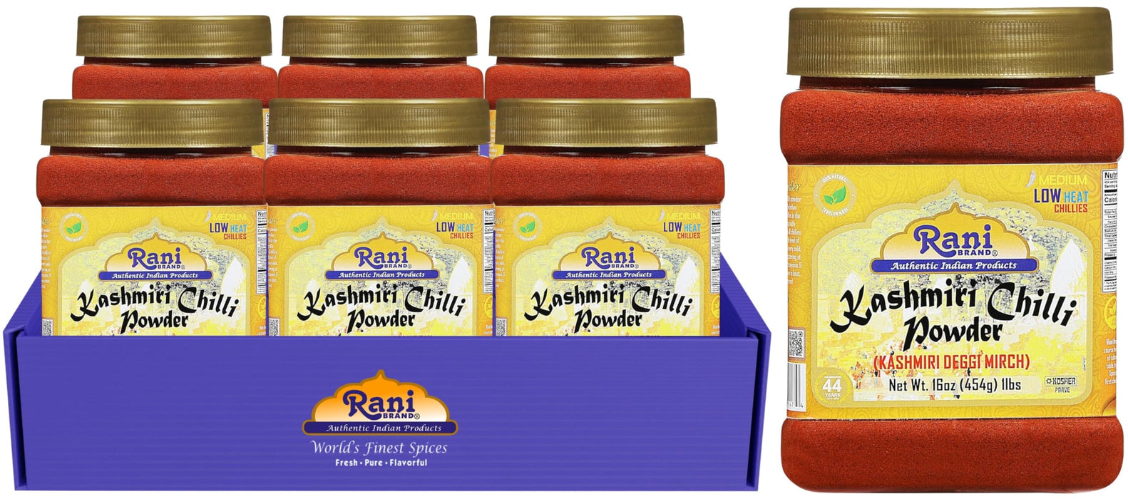 Rani Kashmiri Chilli Powder (Deggi Mirch, Low Heat) Ground Indian Spice 16oz (1lb) 454g PET Jar, Pack of 6 ~ All Natural | Salt-Free | Vegan | No Colors | Gluten Friendly | NON-GMO | Kosher | Indian Origin