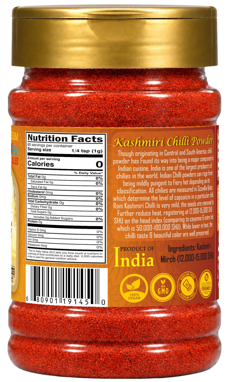 Rani Kashmiri Chili Powder (Deggi Mirch) 3 oz (85 g) Jar - Mild, Low Heat, Rich Red Color for Tandoori, Curry & Deviled Eggs | All Natural, Salt-Free, Vegan, Kosher
