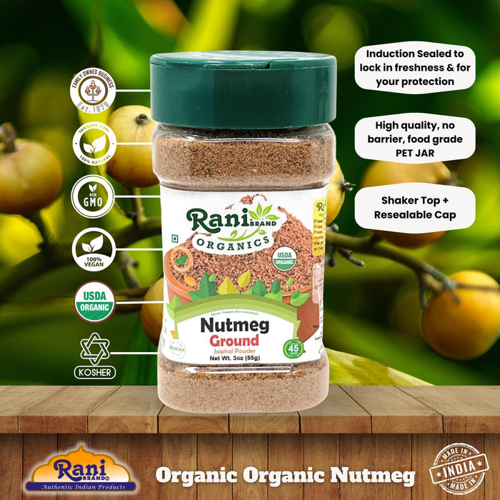 Rani Organic Nutmeg (Jaiphul) Ground Powder Spice 3oz (85g) PET Jar ~ All Natural | Vegan | Gluten Friendly | NON-GMO | Kosher | Indian Origin | USDA Certified Organic