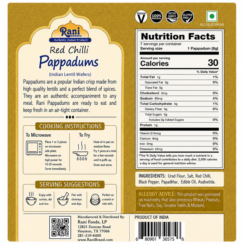 Rani Pappadums (Indian Lentil Wafer Snack) Red Chilli Papad 7oz (200g) Approximately 15pc, 7 inches, Pack of 2 ~ All Natural | Gluten Friendly | NON-GMO | Vegan | Indian Origin