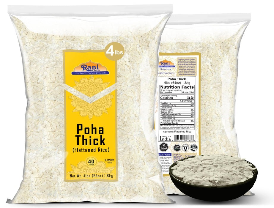 Rani Poha (Powa) Thick Medium-Cut (Flattened Rice) 64oz (4lbs) 1.81kg Bulk ~ All Natural, Salt-Free | Vegan | Kosher | No Colors | Gluten Friendly | Indian Origin