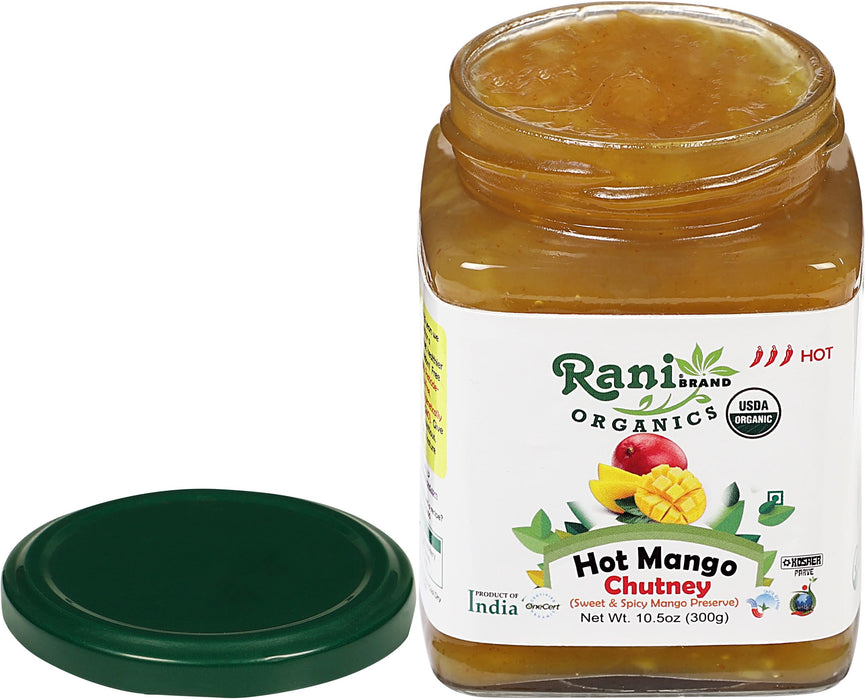 Rani Organic Hot Mango Chutney (Spicy Indian Preserve) 10.5oz (300g) Glass Jar, Ready to eat ~ All Natural | Vegan | Gluten Free | No Colors | NON-GMO | Indian Origin | USDA Certified Organic