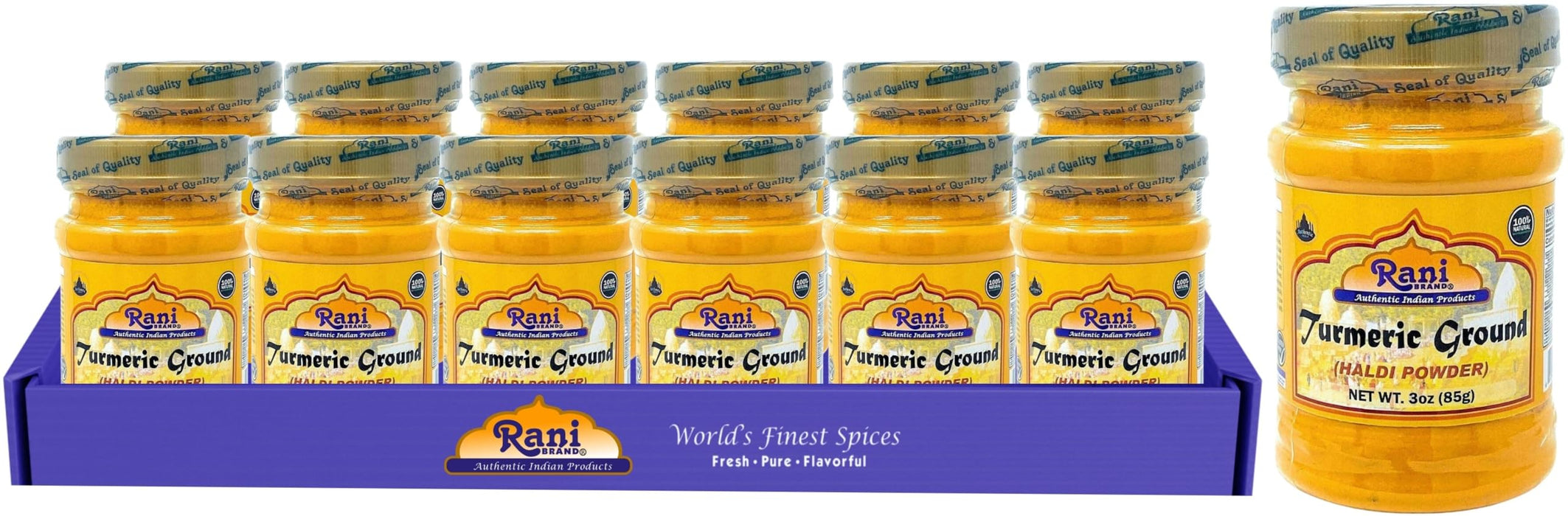 Rani Turmeric (Haldi) Root Powder Spice, (High Curcumin Content) 3oz (85g) PET Jar, Pack of 12 ~ All Natural | 100% Pure, Salt Free | Vegan | Gluten Friendly | NON-GMO | Indian Origin