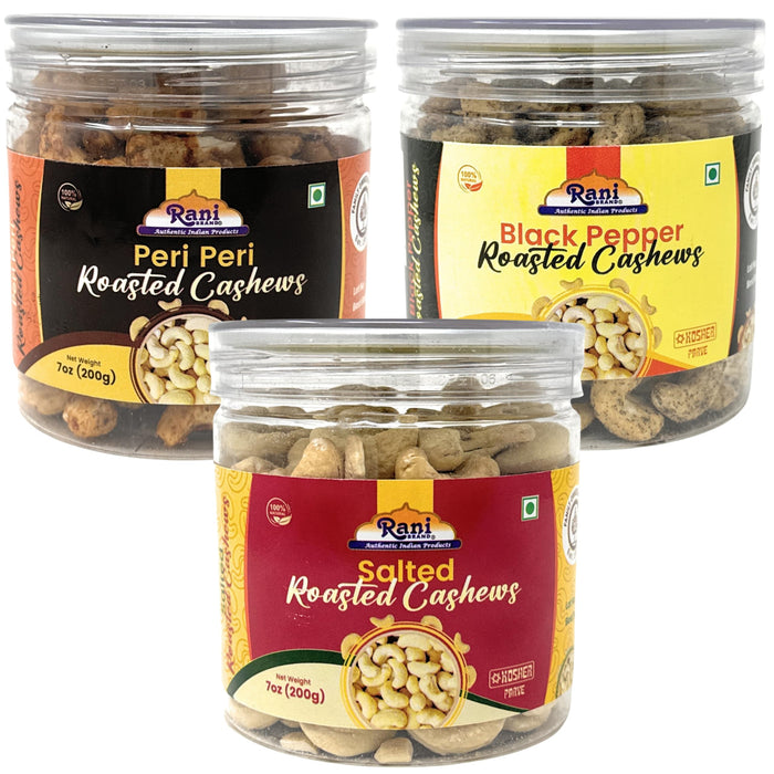 Rani Roasted Cashews Variety Pack (Salted, Black Pepper, Peri Peri) 7oz (200g) Pack of 3, PET Jar, Non-Fried, Oil Free ~ All Natural | Vegan | Gluten Friendly | NON-GMO | Kosher | Air Roasted