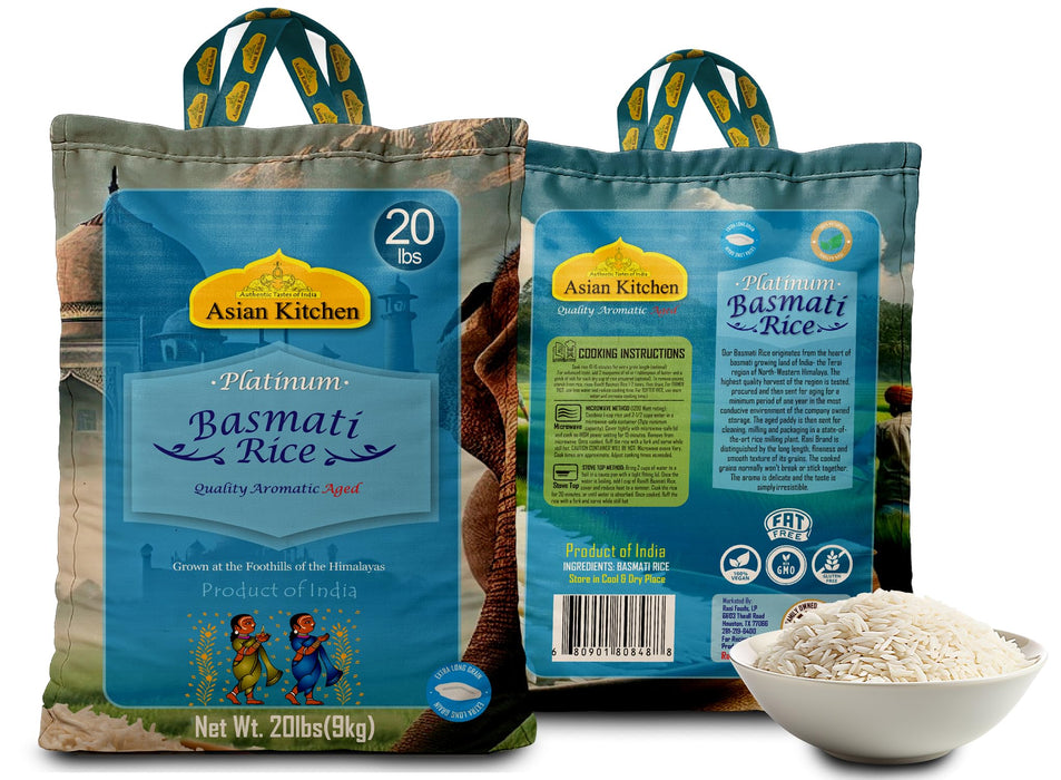 Asian Kitchen Platinum White Basmati Rice Extra Long Aged 20lbs (9.08kg) ~ All Natural | Gluten Friendly | Vegan | Indian Origin | Export Quality