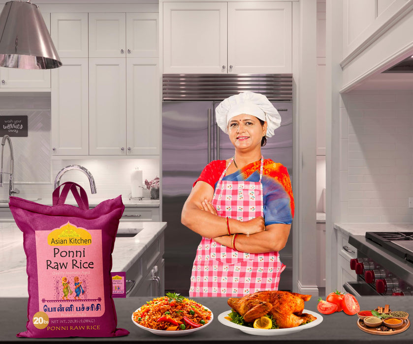 Asian Kitchen Ponni Raw Rice 20-Pound Bag, 20lbs (9.08kg) Short Grain Rice ~ All Natural | Gluten Friendly | Vegan | Indian Origin | Export Quality