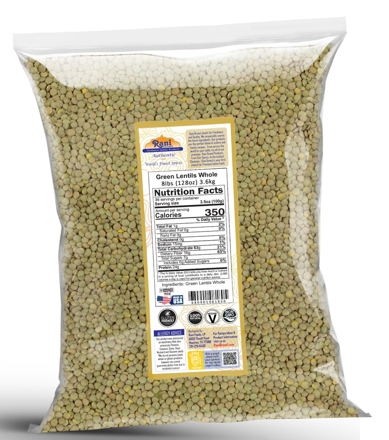 Rani Masoor Whole (Green Lentils Whole With Skin) 128oz (8lbs) 3.63kg Bulk ~ All Natural | Vegan | Gluten Friendly | Non-GMO | Kosher | Product of USA