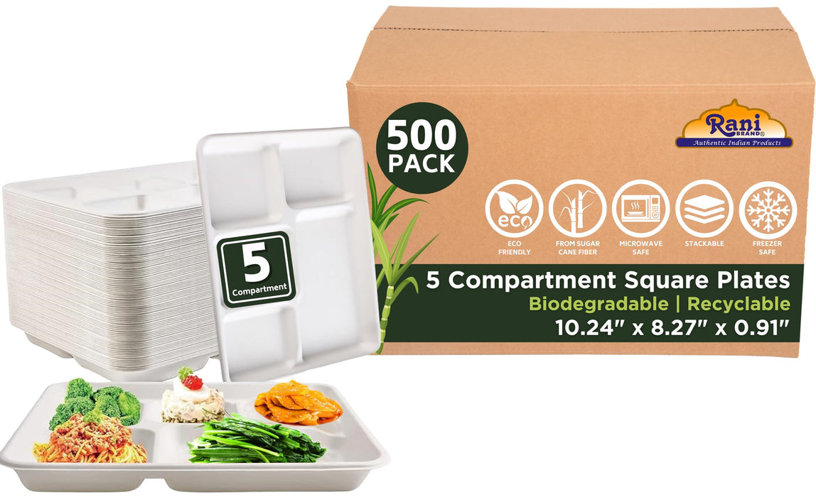 Rani 5 Compartment Square Biodegradable Divided Plates, Pack of 500 ~ Party, Thali, Buffet | Disposable & Eco-Friendly | Heavy-Duty Sturdy Paper Bagasse | Premium Quality | 10.24" x 8.27" x 0.91"