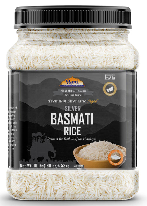 Rani Silver White Basmati Rice Extra Long Aged 160oz (10lbs) 4.53kg PET Jar ~ All Natural | Gluten Friendly | Vegan | Indian Origin | Kosher | Export Quality