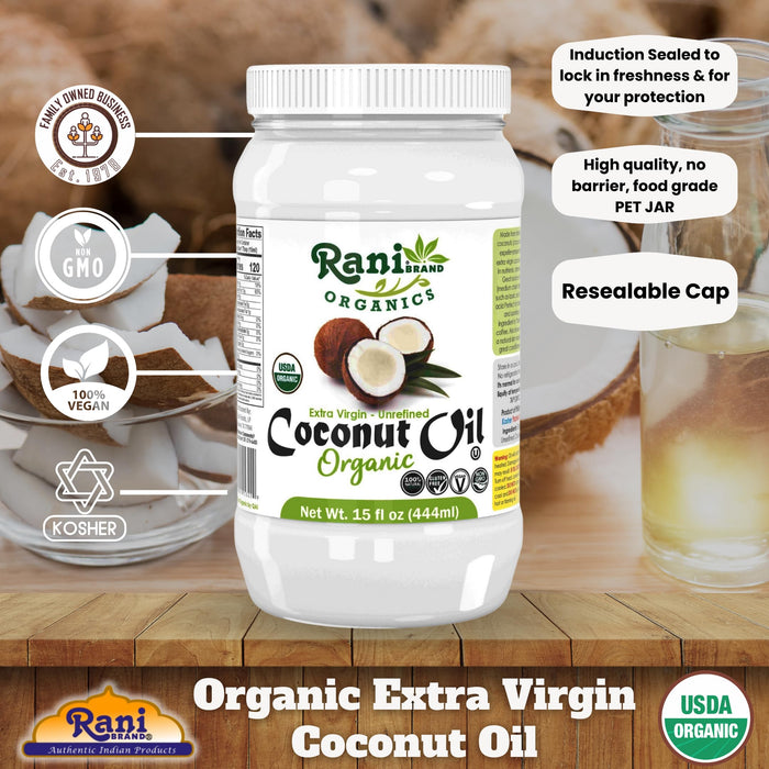 Rani Organic Extra Virgin Coconut Oil, Unrefined 15 fl oz (444ml) Cold Pressed, NON-GMO | Gluten Free | Kosher | Vegan | 100% Natural | Packed in USA | USDA Certified Organic