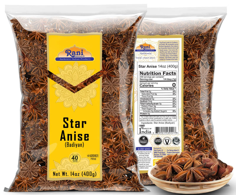 Rani Star Anise Seeds, Whole Pods (Badian Khatai) Spice 14oz (400g) ~ All Natural | Gluten Friendly | Kosher | Vegan | Whole Chinese Anise Star Sun Dried Spice, Anis Estrella / Illicium Verum, Widely Used for Baking, Drinks, Cooking, and Tea