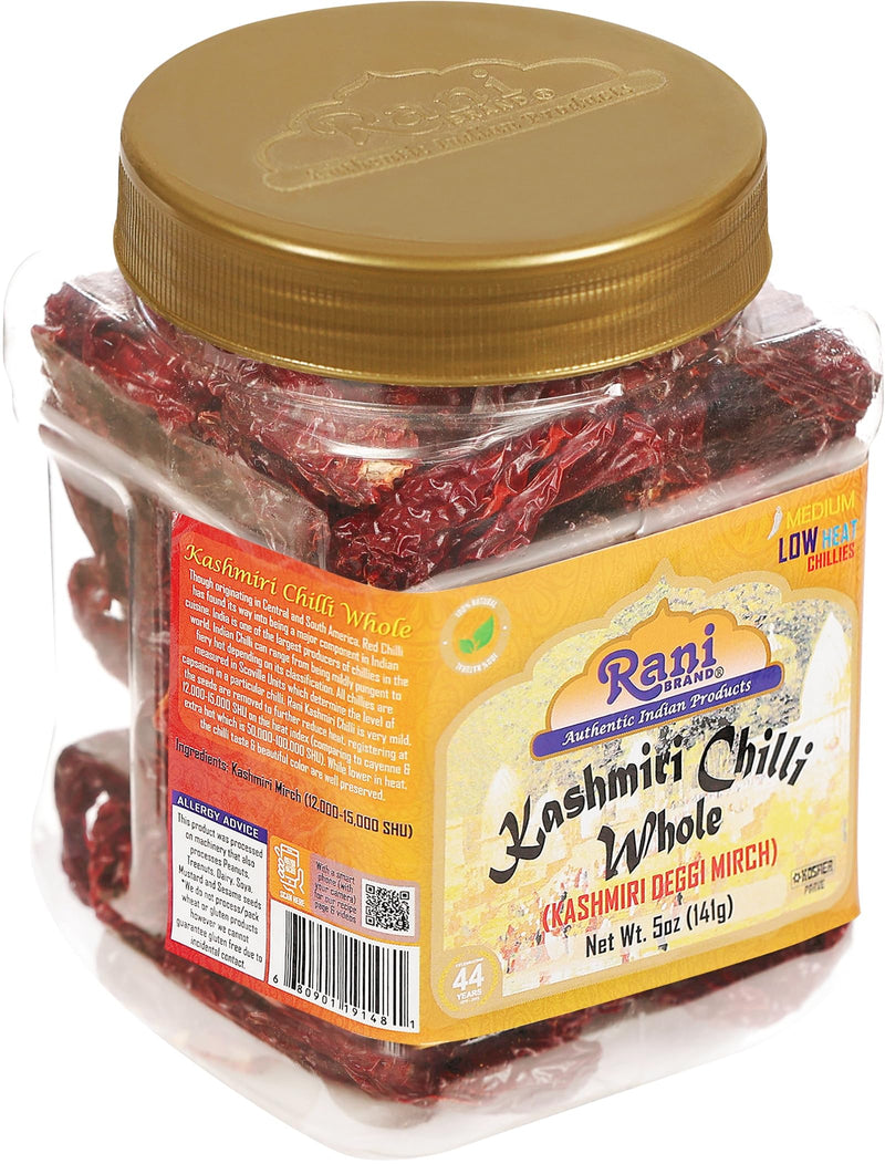 Rani Kashmiri Chilli Whole Stemless (Deggi Mirch) 5oz (141g) PET Jar ~ Natural | Salt-Free | Vegan | Gluten Friendly | Kosher | NON-GMO