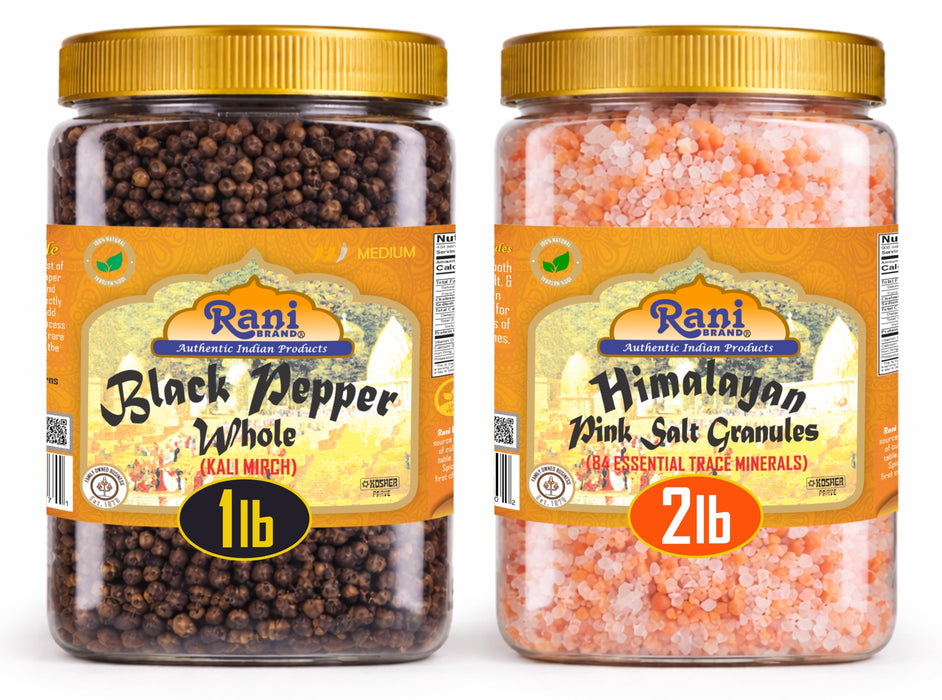 Rani Black Pepper Whole 16oz (1lb) 454g PET Jar & Himalayan Pink Salt Granules 32oz (2lbs) 908g PET Jar, Combo Pack, Perfect size for Grinders! ~ All Natural | Gluten Friendly | Non-GMO | Kosher