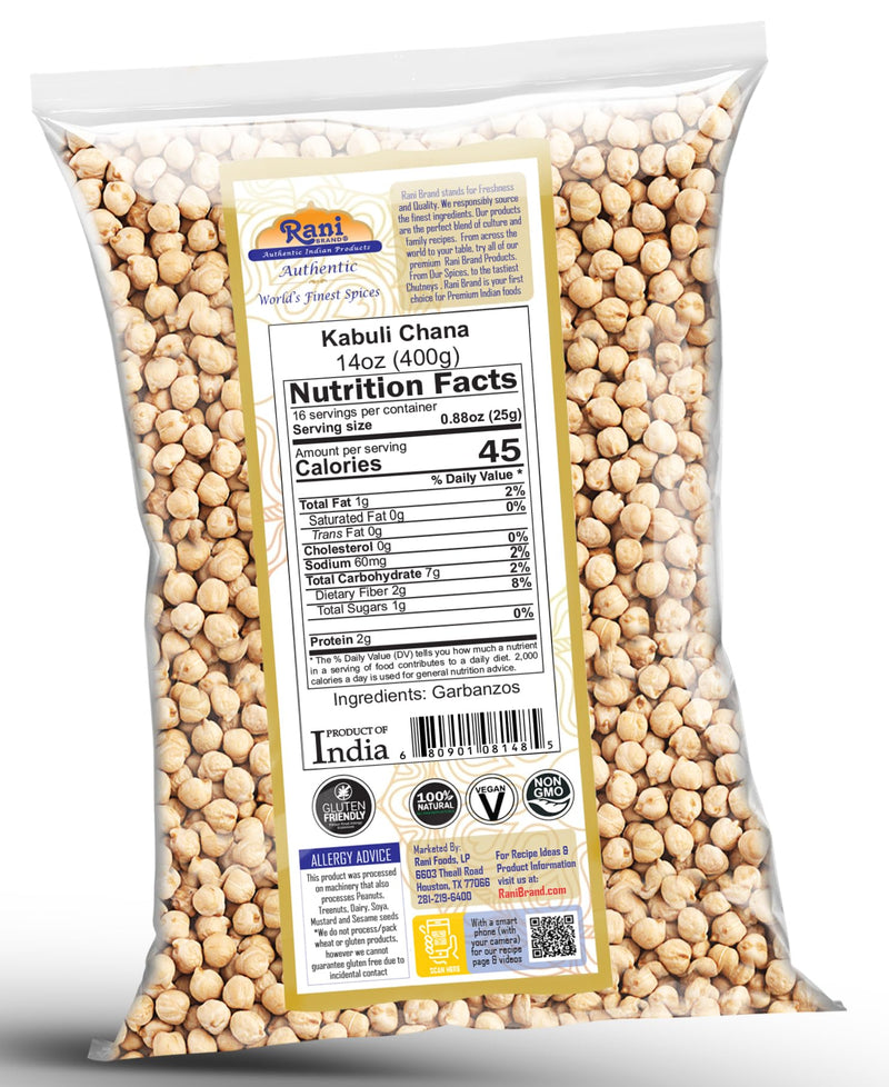 Rani Garbanzo Beans (Kabuli Chana) 14oz (400g) ~ All Natural | Vegan | Gluten Friendly | NON-GMO | Kosher | Indian Origin