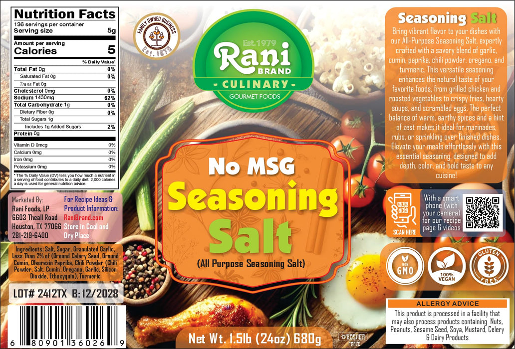 Rani No MSG Seasoning Salt (All Purpose Seasonign Salt) 24oz (1.5lbs) 680g PET Jar ~ All Natural | Gluten Friendly | NON-GMO | Kosher | Vegan | Indian Origin