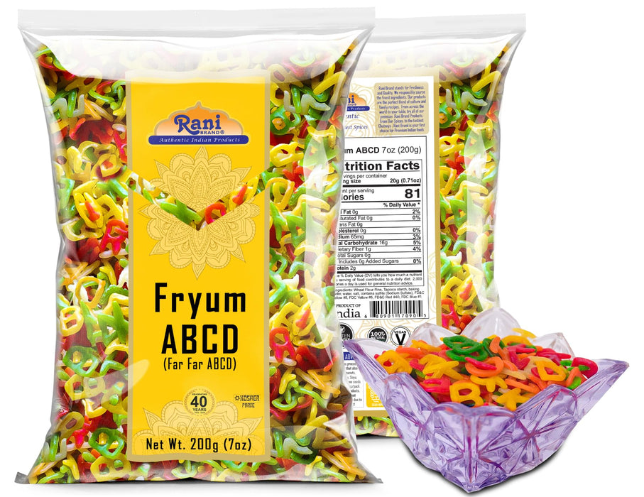 Rani Far Far / Fryums (Wheat & Tapioca Pellet) ABCD Shape 7oz (200g) ~ Vegan, Kosher, Uncooked, Used to Make Papad, Bhungra / Chip Snack