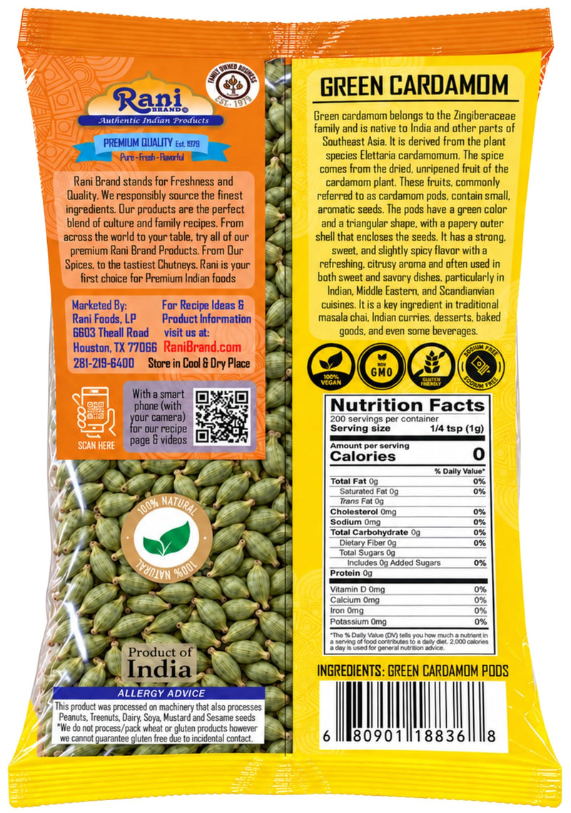 Rani Green Cardamom Pods Spice (Hari Elachi) 7oz (200g) ~ All Natural | Vegan | Gluten Friendly | NON-GMO | Product of India