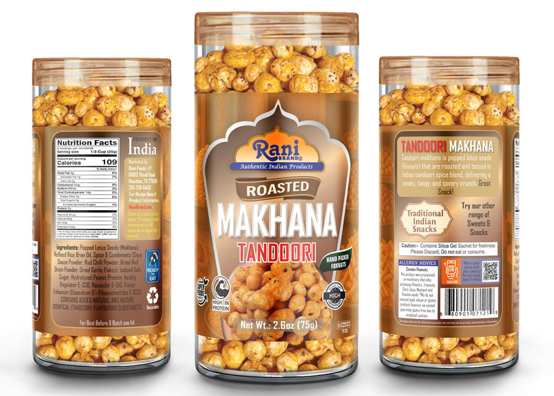 Rani Roasted Makhana (Fox Nut/Popped Lotus Seed) Tandoori Flavor 2.6oz (75g) Ready to eat, Hand Picked Foxnuts ~ High in Protein | Vegan | Gluten Friendly | NON-GMO | Kosher | Indian Origin