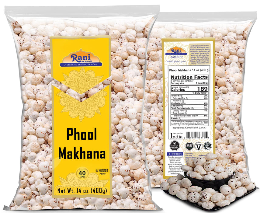 Rani Phool Makhana (Fox Nut / Popped Lotus Seed) 14oz (400g) ~ Plain Raw Uncooked | ~ All Natural | Vegan | No Colors | Gluten Friendly | NON-GMO | Kosher