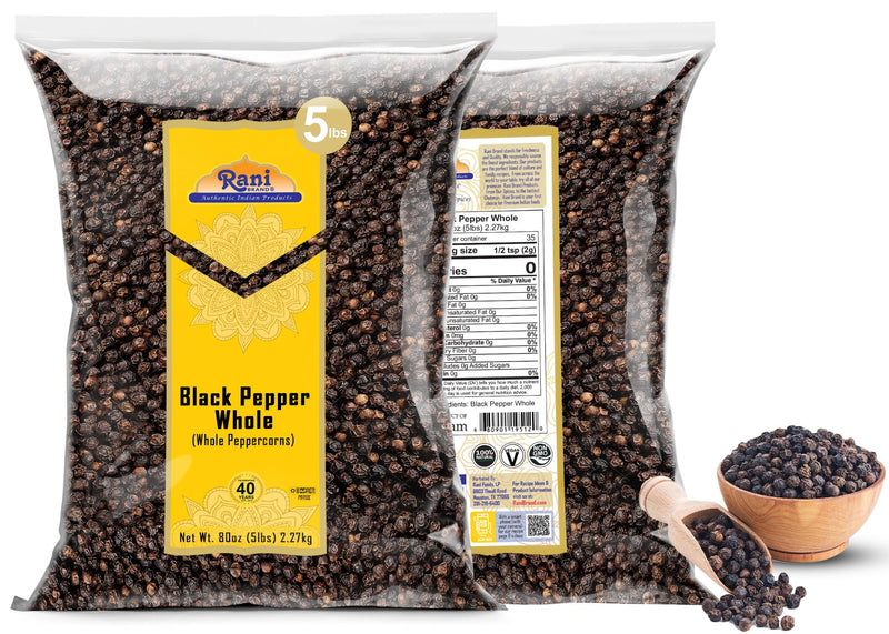 Rani Black Pepper Whole (Peppercorns), Premium Bold Tellicherry Quality 80oz (5lbs) 2.27kg Bulk ~ All Natural | Gluten Friendly | Non-GMO | Kosher | Product of Vietnam | Perfect size for Grinders!