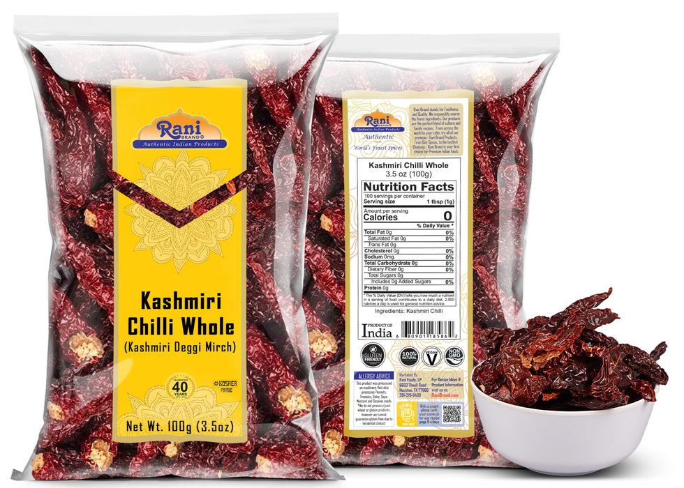 Rani Kashmiri Chilli Whole (Deggi Mirch, Low Heat) 3.5oz (100g) ~ Natural | Salt-Free | Vegan | No Colors | Gluten Friendly | NON-GMO | Kosher | Indian Origin