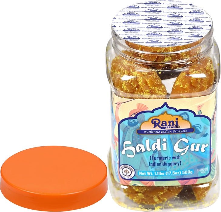 Rani Haldi Gur (Turmeric with Indian Jaggery) Indian Unrefined Raw Cane Sugar 17.5oz (1.1lbs) 500g PET Jar ~ Gluten Friendly | Vegan | NON-GMO | Kosher | No Salt or fillers | Indian Product