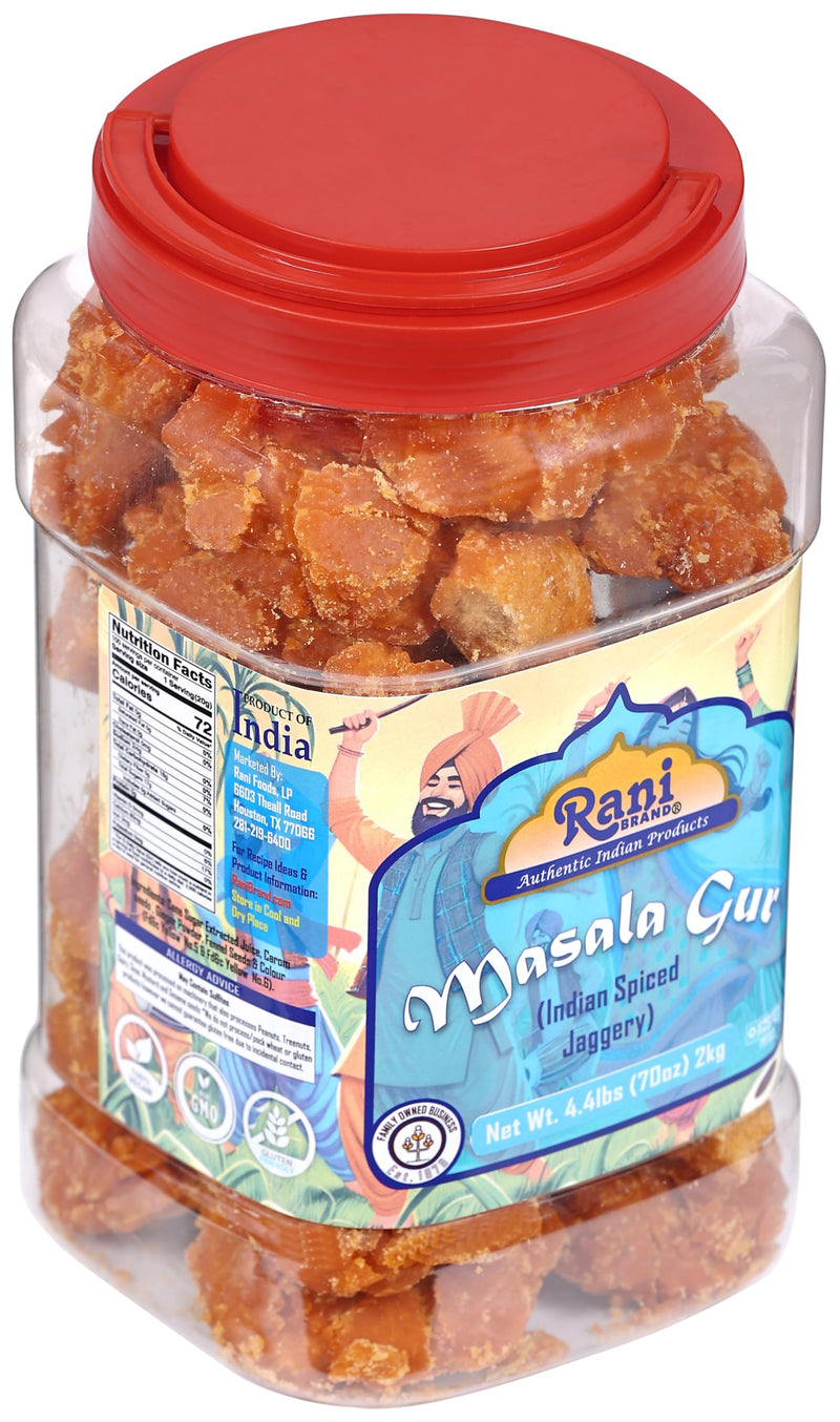 Rani Masala Gur (Jaggery) Indian Unrefined Raw Cane Sugar 70oz (4.4lbs) 2kg PET Jar ~ Gluten Friendly | Vegan | NON-GMO | Kosher | No Salt or fillers | Indian Product