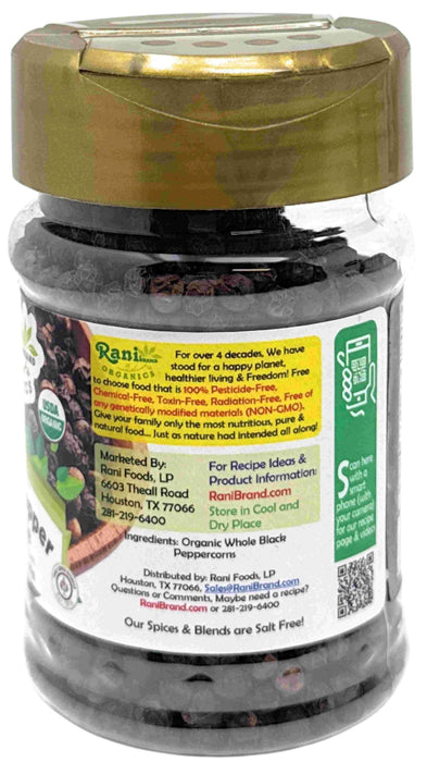 Rani Organic Black Pepper Whole (Peppercorns), Premium MG-1 Grade 3oz (85g) PET Jar ~ All Natural | Gluten Friendly | Non-GMO | USDA Certified Organic | Kosher | Product of Vietnam