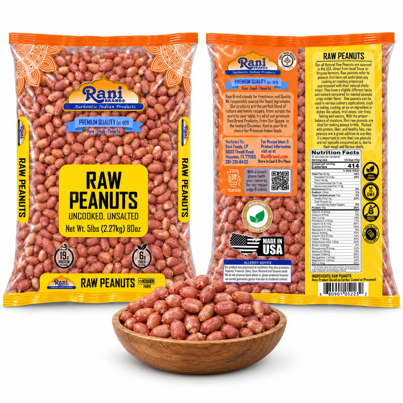 Rani Peanuts, Raw Whole With Skin (uncooked, unsalted) 80oz (5lbs) 2.27kg Bulk ~ All Natural | Vegan | Kosher | Gluten Friendly | Fresh Product of USA