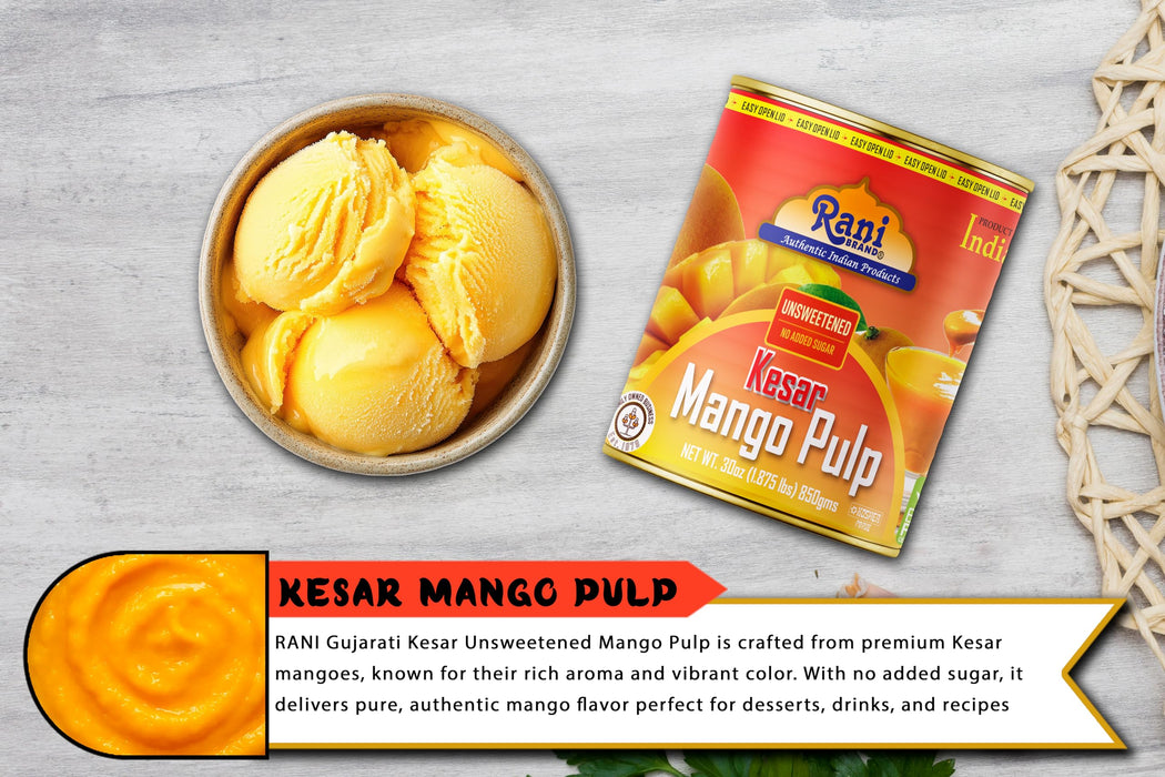 Rani Mango Pulp Puree (Makes Mango Lassi Shakes) Kesar Unsweetened 30oz (1.875lbs) 850g ~ Kosher | All Natural | NON-GMO | Vegan | No colors | Gluten Friendly | Indian Origin