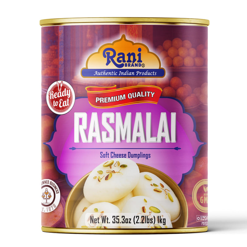 Rani Rasmalai (Soft Cheese Dumplings) 35.3oz (2.2lbs) 1kg Pack of 18, Approximately 14 pieces, Easy Open Lid ~ Ready to eat | Gluten Free | Non-GMO | Kosher | Indian Origin