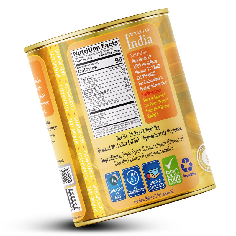 Rani Rajbhog (Soft Cottage Cheese Dumplings) 35.3oz (2.2lbs) 1kg, Pack of 6, Approximately 14 pieces, Easy Open Lid ~ Ready to eat | All Natural | Gluten Free | Non-GMO | Kosher | Indian Origin