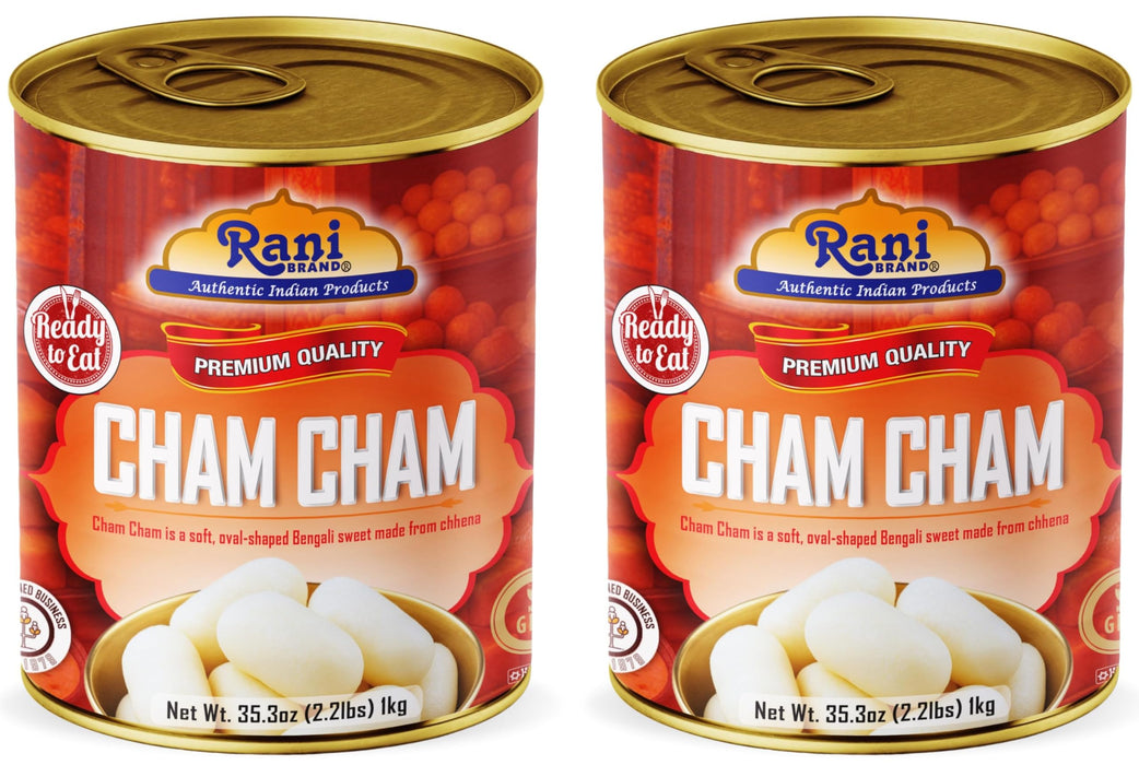 Rani Cham Cham (Oval-shaped Bengali Sweet) 35.3oz (2.2lbs) 1kg, Pack of 2, Approximately 14 pieces, Easy Open Lid ~ Ready to eat | Gluten Free | Non-GMO | Kosher | Indian Origin