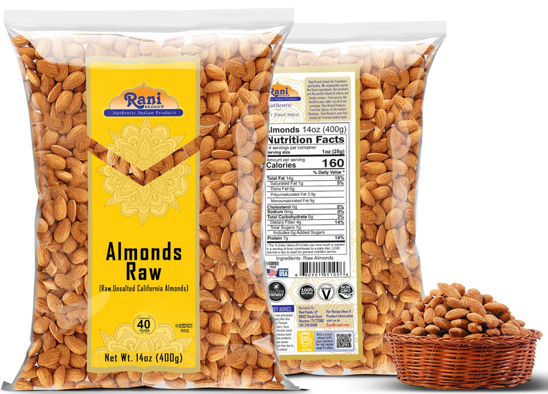 Rani Almonds, Raw Whole With Skin 14oz (400g) ~ All Natural | Vegan | Kosher | Gluten Friendly | Fresh Product of USA ~ California Shelled Almonds