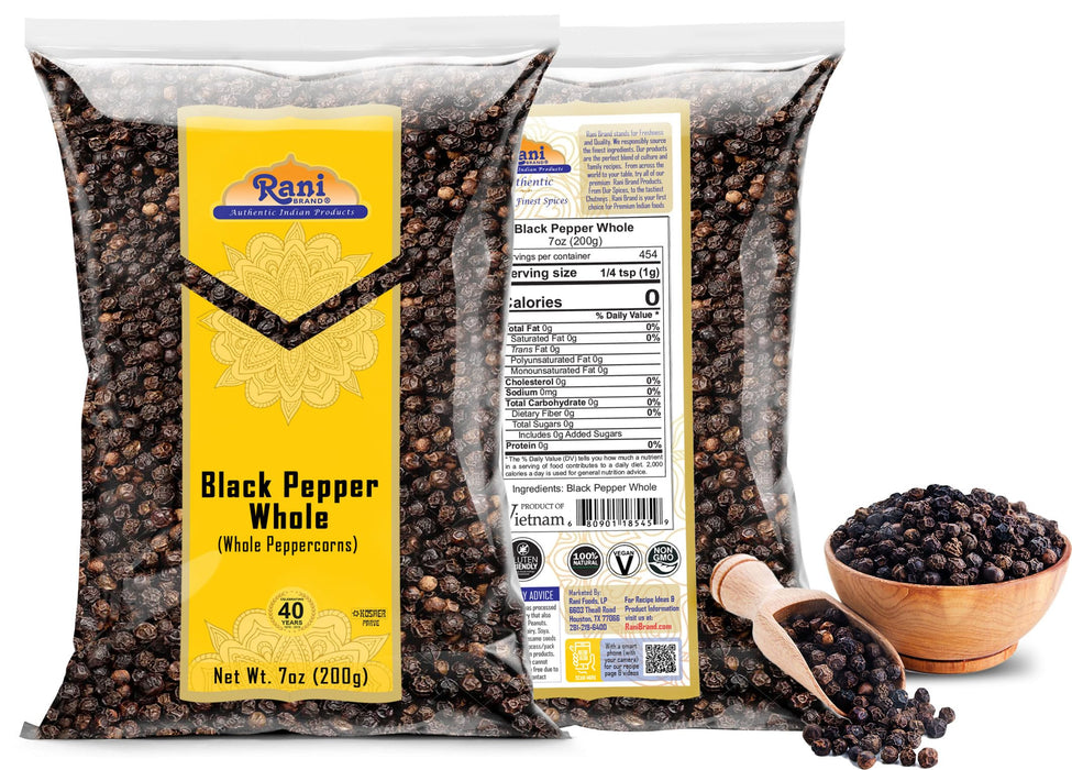 Rani Black Pepper Whole (Peppercorns), Premium MG-1 Grade 7oz (200g) ~ Gluten Friendly | Non-GMO | Kosher | Natural | Perfect size for Grinders!