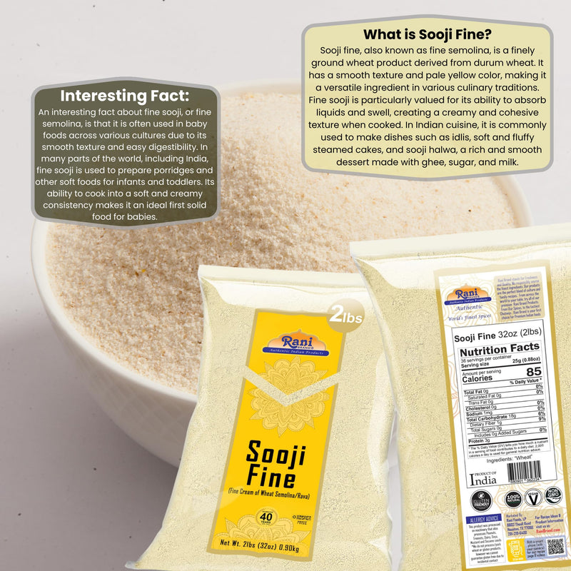 Rani Sooji Fine (Farina, Suji, Rava, Wheat) Flour 32oz (2lbs) 908g ~ All Natural | Vegan | NON-GMO | Kosher | Indian Origin