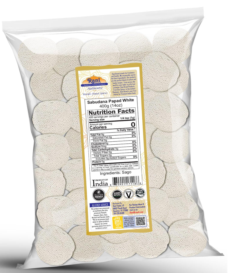 Rani Sabudana (Sago) Papad White 14oz (400g) ~ All Natural, No Preservatives | Vegan | Gluten Friendly | NON-GMO | Kosher | Indian Origin