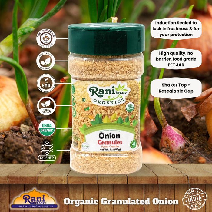 Rani Organic Granulated Onion (Pyaaz Granules) 3oz (85g) PET Jar ~ All Natural | Gluten Friendly | Vegan | NON-GMO | Kosher | No Salt or fillers | Indian Origin