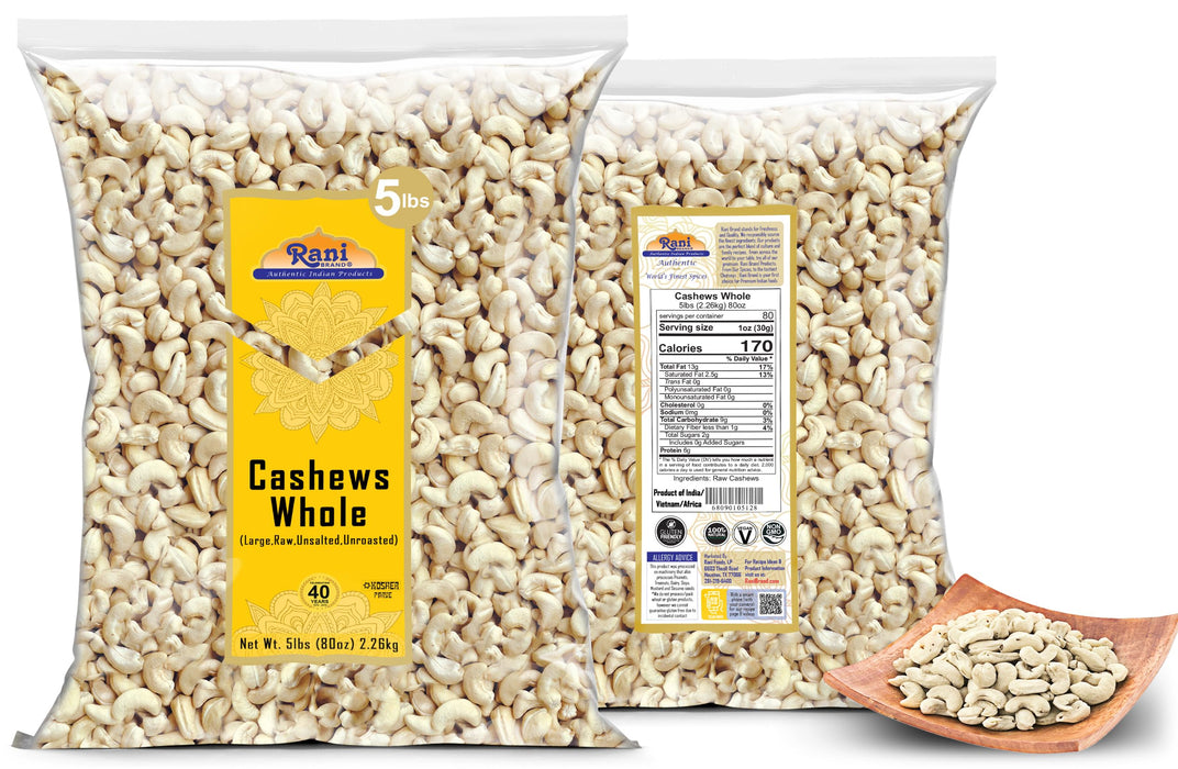Rani Raw Cashews Whole (uncooked, unsalted) 80oz (5lbs) 2.27kg Bulk ~ All Natural, No Preservatives | Vegan | NON-GMO | Gluten Friendly