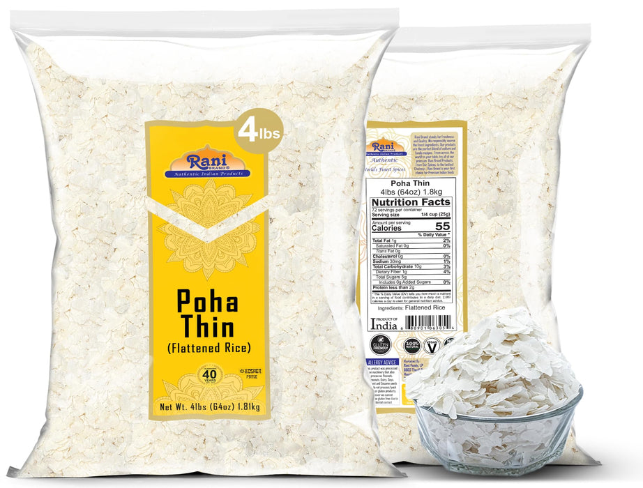 Rani Poha (Powa) Thin Cut (Flattened Rice) 64oz (4lbs) 1.81kg Bulk ~ All Natural, Salt-Free | Vegan | Kosher | No Colors | Gluten Friendly | Indian Origin